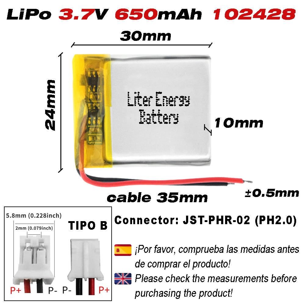 Batería 102428 LiPo 3.7V 650mAh 2.405Wh Recargable Conector PH2.0 (JST-PHR-02) Tipo B Litio: Asegúrese Que la polaridad del Dispositivo Coincide con la batería 30x24x10mm (PH2|650mAh|102428)