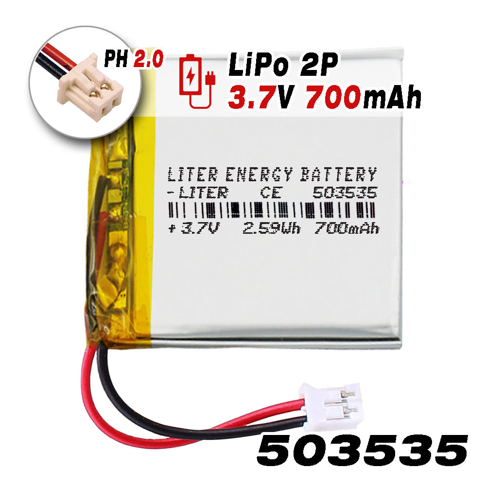 Batería 503535 LiPo 3.7V 700mAh 2.59Wh Recargable Conector PH2.0 (JST-PHR-02) Tipo B Litio: Asegúrese Que la polaridad del Dispositivo Coincide con la batería 37x35x5mm (PH2|700mAh|503535)