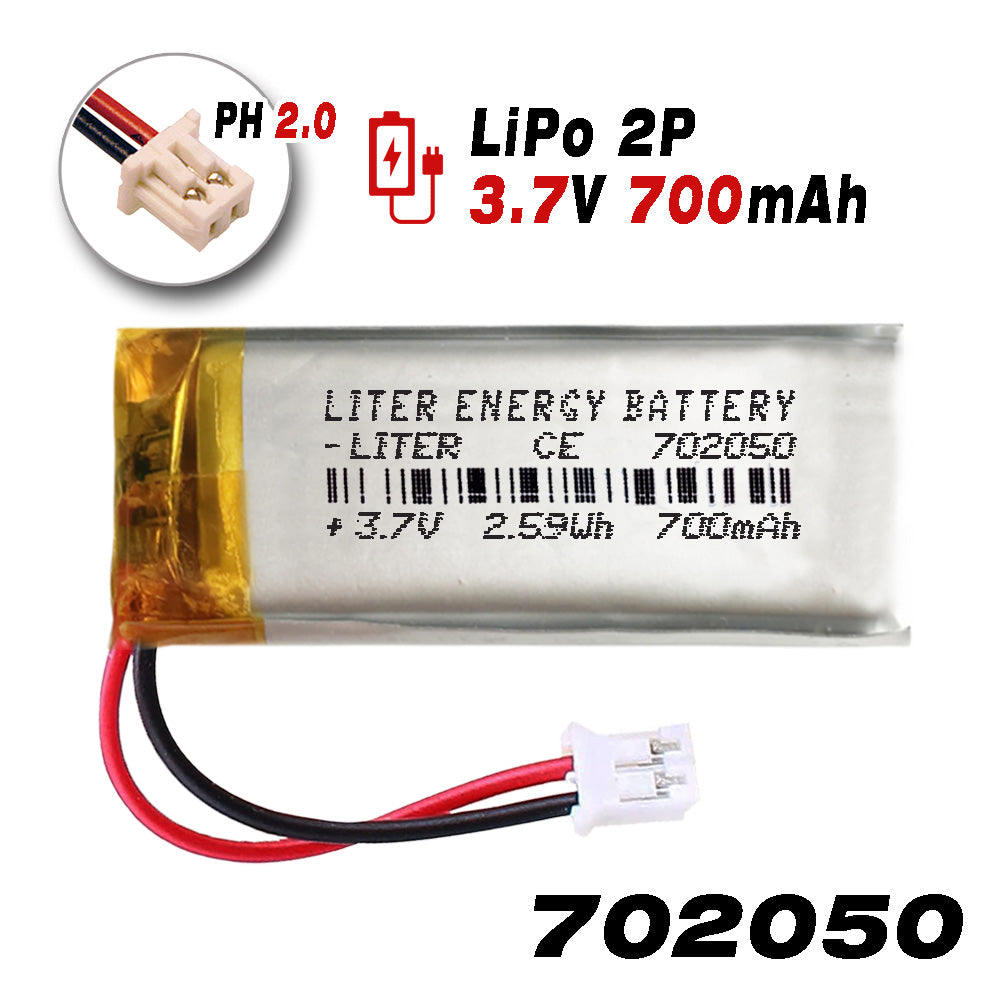 Batería 702050 LiPo 3.7V 700mAh 2.59Wh Recargable Conector PH2.0 (JST-PHR-02) Tipo B Litio: Asegúrese Que la polaridad del Dispositivo Coincide con la batería 52x20x7mm (PH2|700mAh|702050)