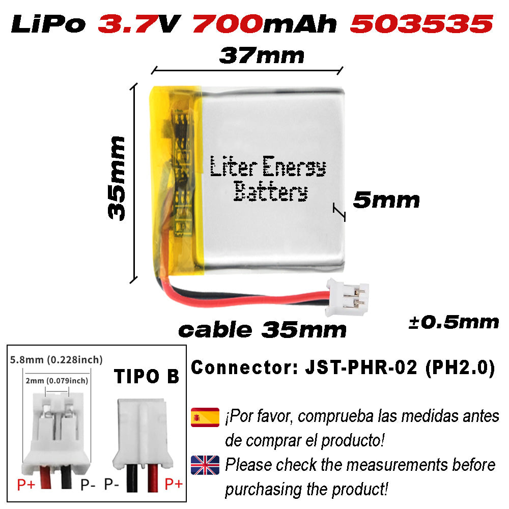 Batería 503535 LiPo 3.7V 700mAh 2.59Wh Recargable Conector PH2.0 (JST-PHR-02) Tipo B Litio: Asegúrese Que la polaridad del Dispositivo Coincide con la batería 37x35x5mm (PH2|700mAh|503535)