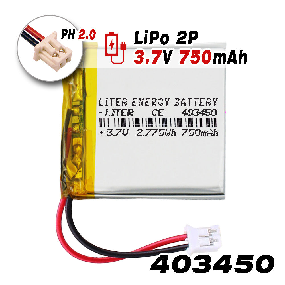 Batería 403450 LiPo 3.7V 750mAh 2.775Wh Recargable Conector PH2.0 (JST-PHR-02) Tipo B Litio: Asegúrese Que la polaridad del Dispositivo Coincide con la batería 52x34x4mm (PH2|750mAh|403450)