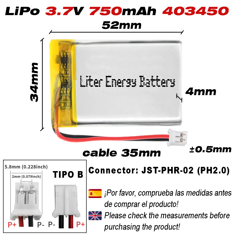 Batería 403450 LiPo 3.7V 750mAh 2.775Wh Recargable Conector PH2.0 (JST-PHR-02) Tipo B Litio: Asegúrese Que la polaridad del Dispositivo Coincide con la batería 52x34x4mm (PH2|750mAh|403450)