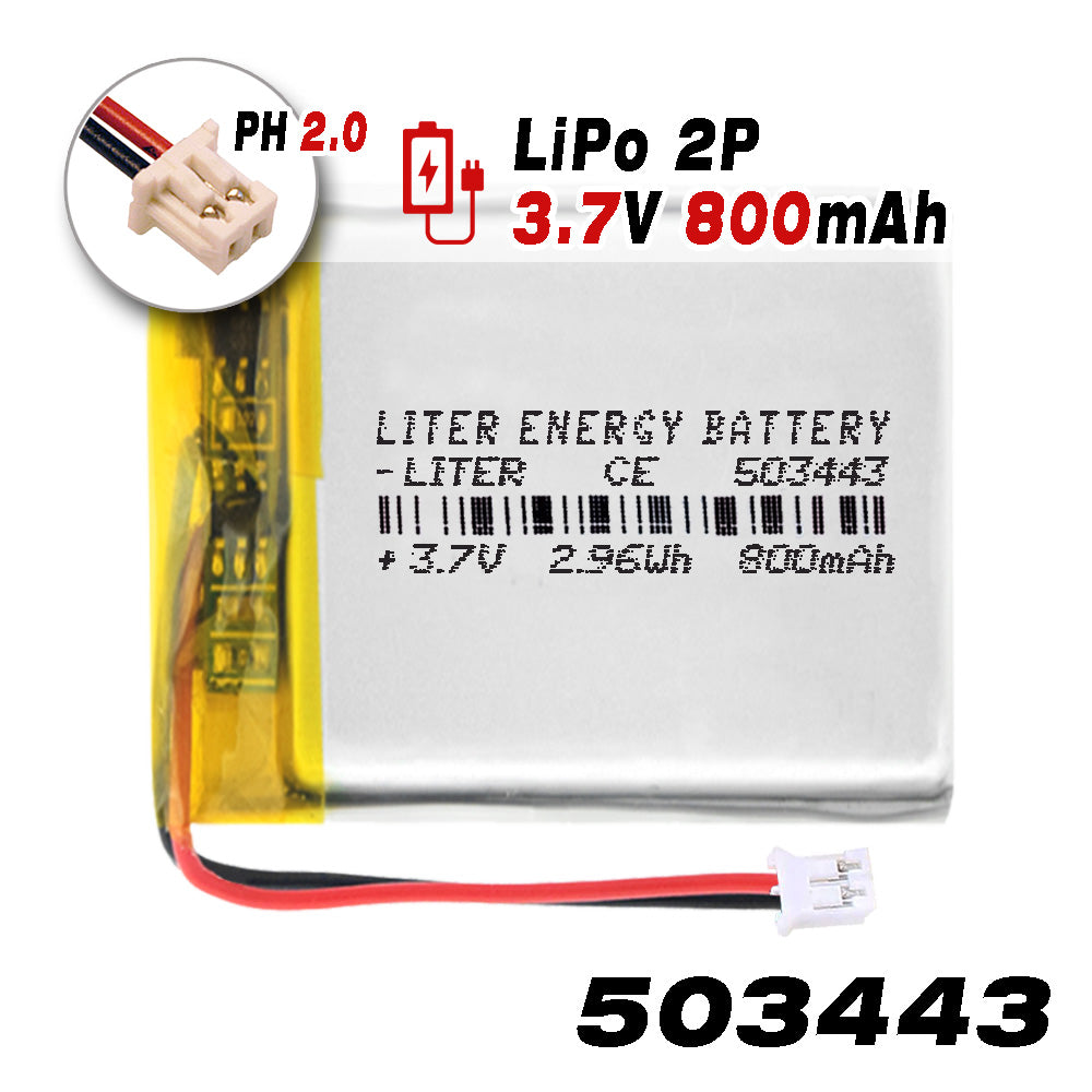 Batería 503443 LiPo 3.7V 800mAh 2.96Wh Recargable Conector PH2.0 (JST-PHR-02) Tipo B Litio: Asegúrese Que la polaridad del Dispositivo Coincide con la batería 45x34x5mm (PH2|800mAh|503443)