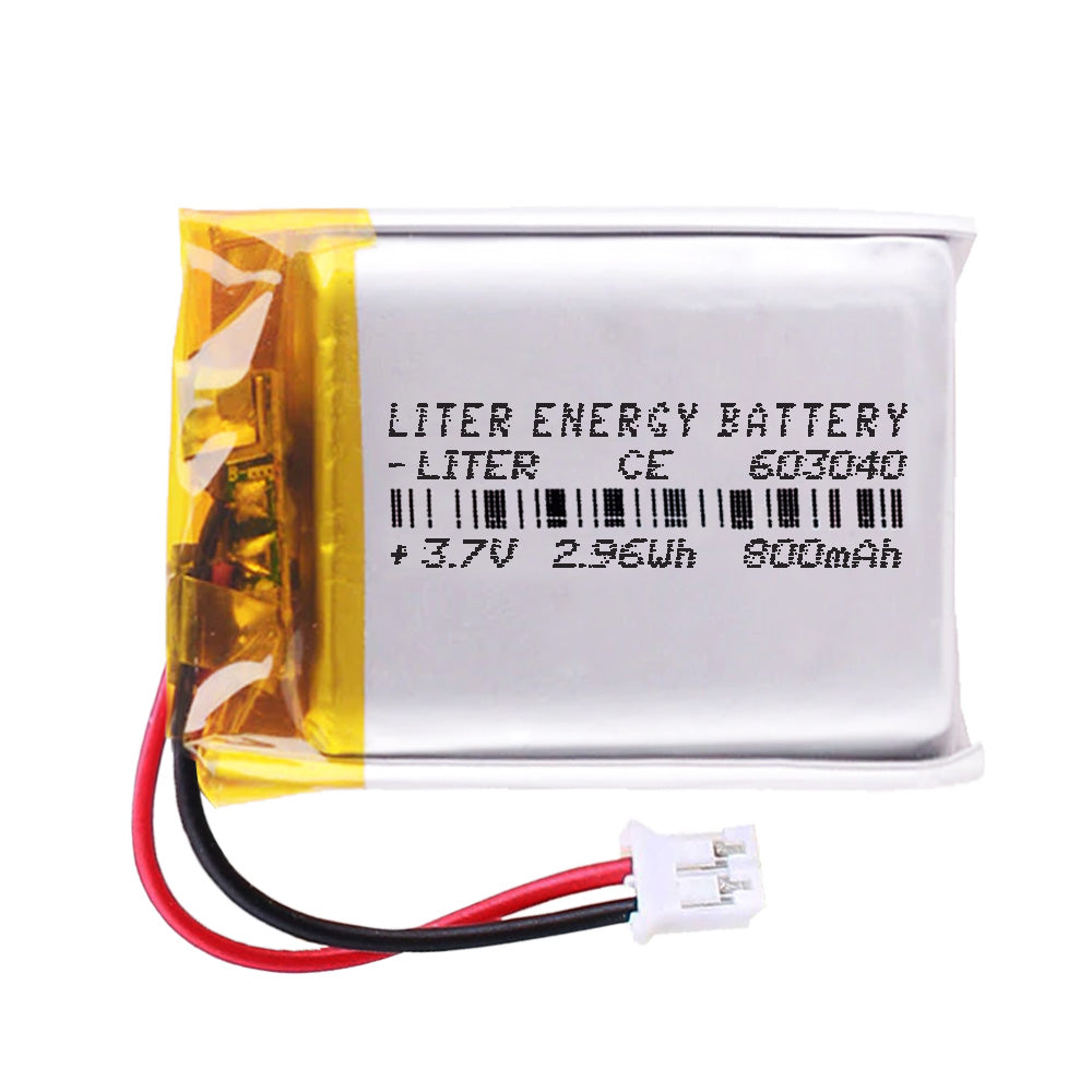 Batería 603040 LiPo 3.7V 800mAh 2.96Wh Recargable Conector PH2.0 (JST-PHR-02) Tipo B Litio: Asegúrese Que la polaridad del Dispositivo Coincide con la batería 42x30x6mm (PH2|800mAh|603040)