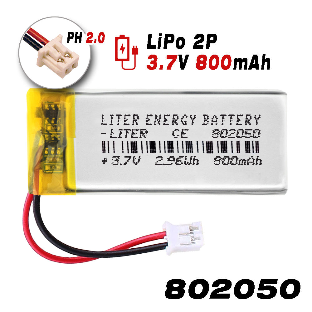 Batería 802050 LiPo 3.7V 800mAh 2.96Wh Recargable Conector PH2.0 (JST-PHR-02) Tipo B Litio: Asegúrese Que la polaridad del Dispositivo Coincide con la batería 52x20x8mm (PH2|800mAh|802050)