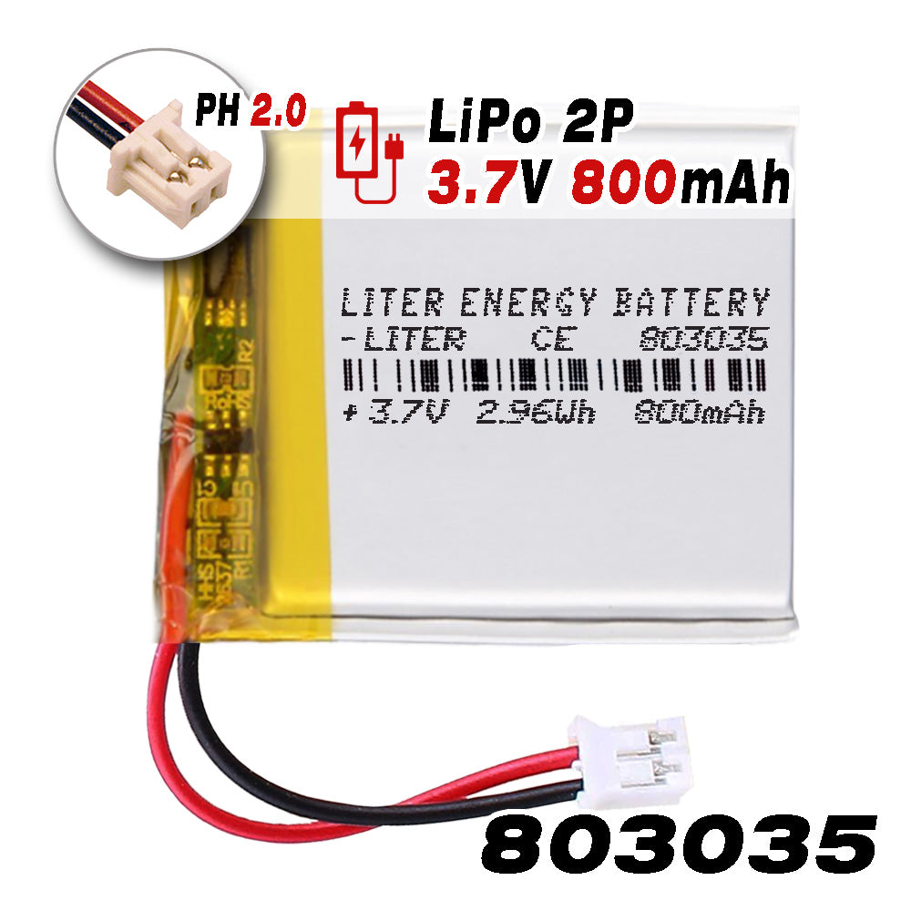 Batería 803035 LiPo 3.7V 800mAh 2.96Wh Recargable Conector PH2.0 (JST-PHR-02) Tipo B Litio: Asegúrese Que la polaridad del Dispositivo Coincide con la batería 37x30x8mm (PH2|800mAh|803035)