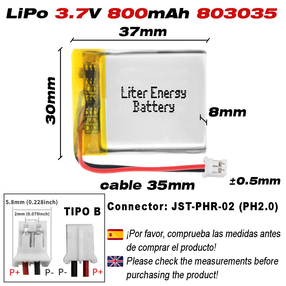 Batería 803035 LiPo 3.7V 800mAh 2.96Wh Recargable Conector PH2.0 (JST-PHR-02) Tipo B Litio: Asegúrese Que la polaridad del Dispositivo Coincide con la batería 37x30x8mm (PH2|800mAh|803035)