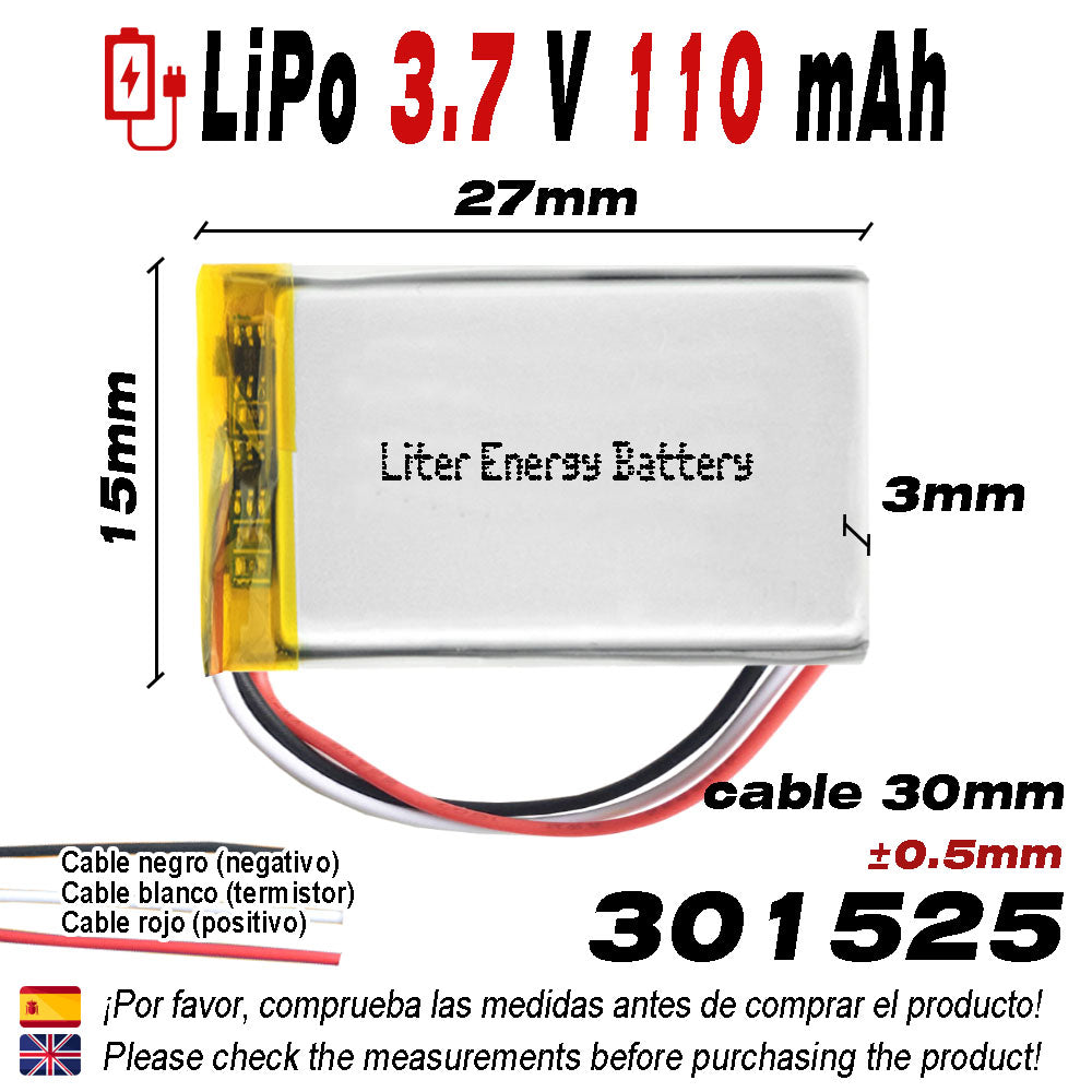Batería 3 cables 301525 LiPo 3.7V 110mAh 0.407Wh 1S 5C Liter Energy Battery Recargable con PCM termistor NTC smartwatch reloj electrónica No apta para Radio Control 27x15x3mm (3P|110mAh|301525)
