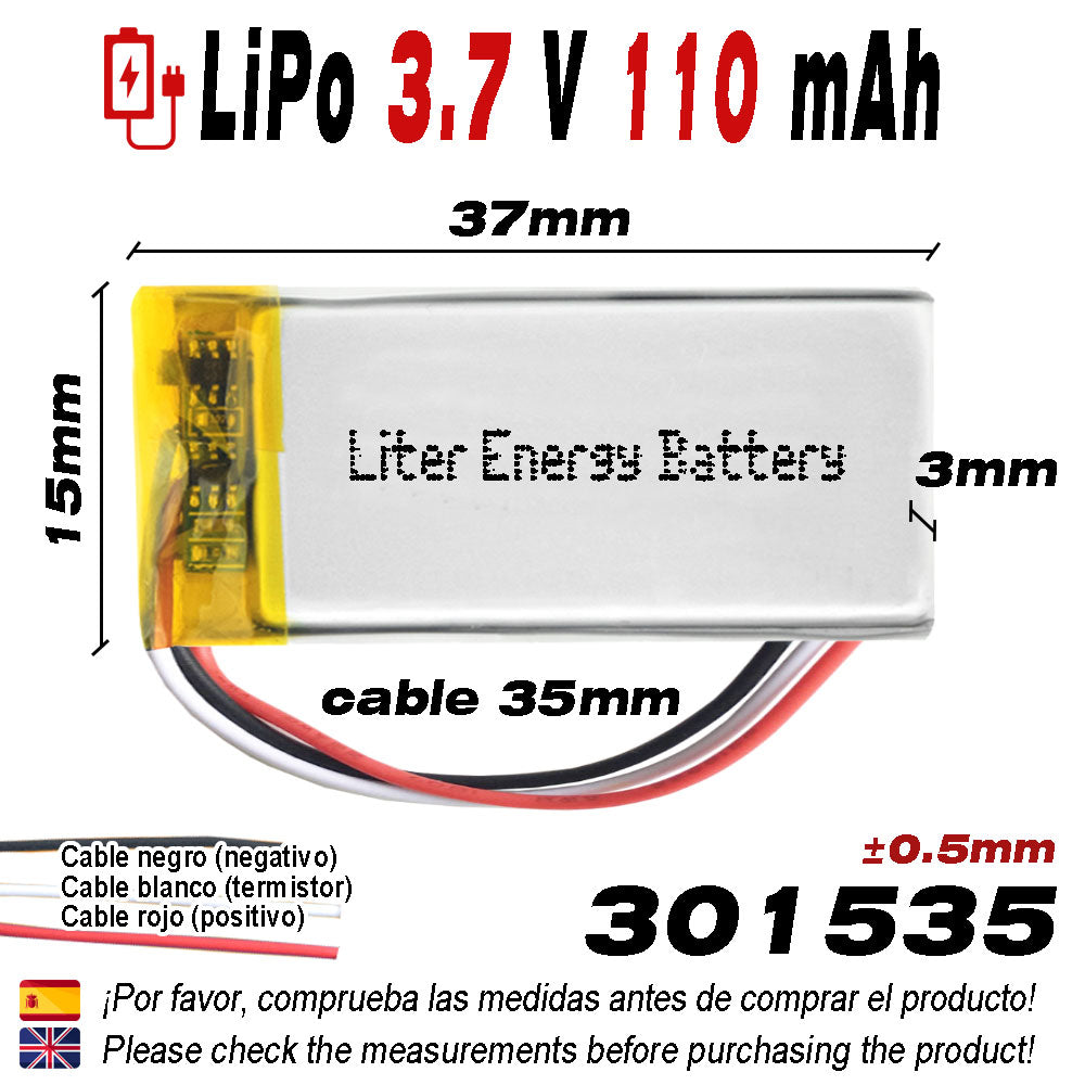 Batería 3 cables 301535 LiPo 3.7V 110mAh 0.407Wh 1S 5C Liter Energy Battery Recargable con PCM termistor NTC smartwatch reloj electrónica No apta para Radio Control 37x15x3mm (3P|110mAh|301535)