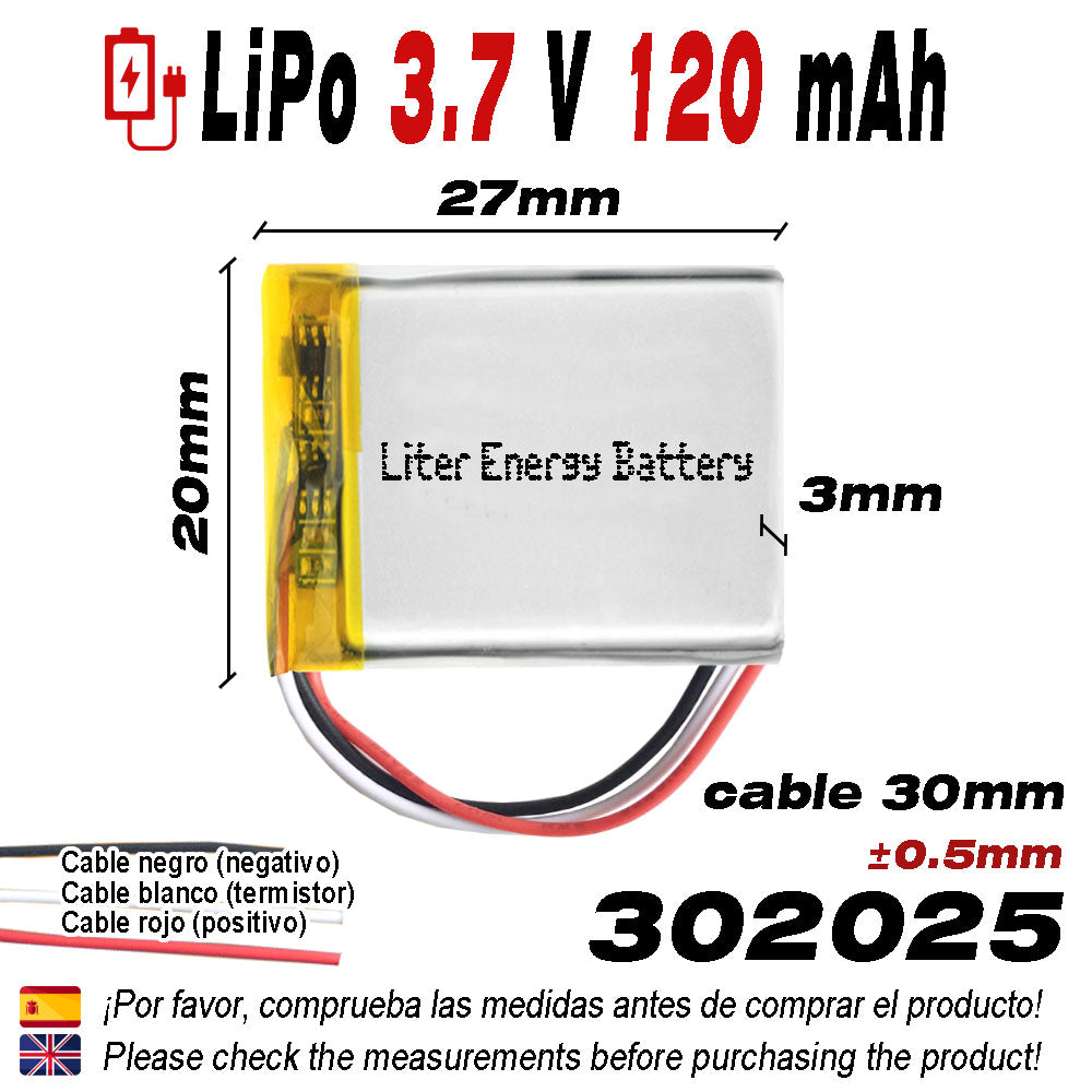 Batería 3 cables 302025 LiPo 3.7V 120mAh 0.444Wh 1S 5C Liter Energy Battery Recargable con PCM termistor NTC smartwatch reloj electrónica No apta para Radio Control 27x20x3mm (3P|120mAh|302025)