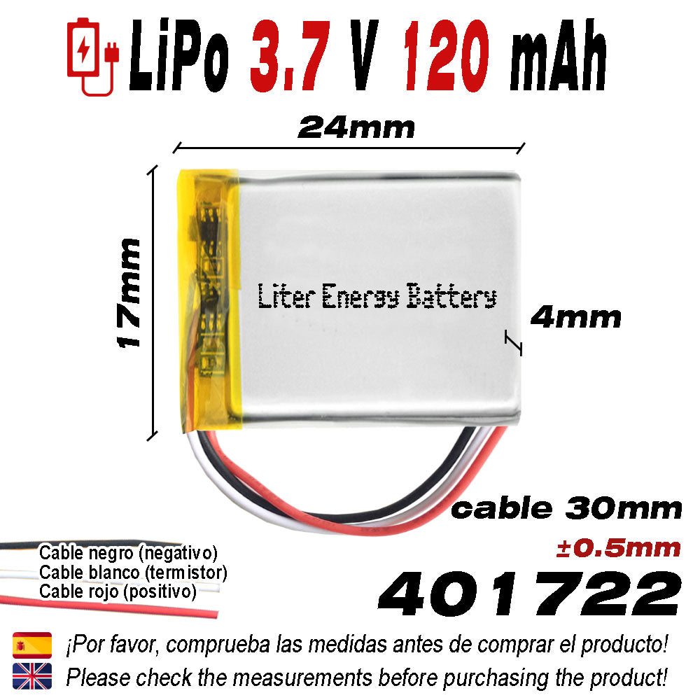 Batería 3 cables 401722 LiPo 3.7V 120mAh 0.444Wh 1S 5C Liter Energy Battery Recargable con PCM termistor NTC smartwatch reloj electrónica No apta para Radio Control 24x17x4mm (3P|120mAh|401722)