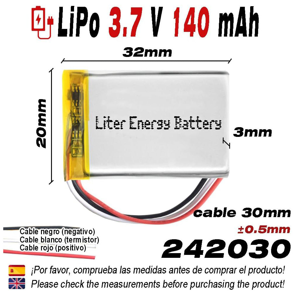 Batería 3 Cables 242030 LiPo 3.7V 140mAh 0.518Wh 1S 5C Liter Energy Battery Recargable con PCM termistor NTC smartwatch Reloj electrónica No Apta para Radio Control 32x20x3mm (3P|140mAh|242030)