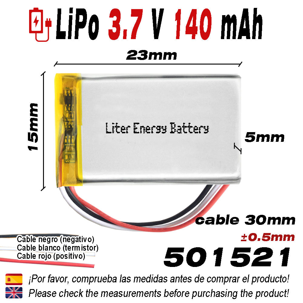 Batería 3 cables 501521 LiPo 3.7V 140mAh 0.518Wh 1S 5C Liter Energy Battery Recargable con PCM termistor NTC smartwatch reloj electrónica No apta para Radio Control 23x15x5mm (3P|140mAh|501521)