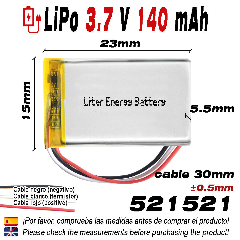 Batería 3 Cables 521521 LiPo 3.7V 140mAh 0.518Wh 1S 5C Liter Energy Battery Recargable con PCM termistor NTC smartwatch reloj electrónica No apta para Radio Control 23x15x5.5mm (3P|140mAh|521521)