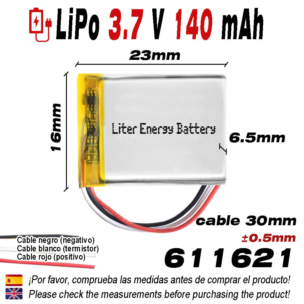 Batería 3 Cables 611621 LiPo 3.7V 140mAh 0.518Wh 1S 5C Liter Energy Battery Recargable con PCM termistor NTC smartwatch reloj electrónica No apta para Radio Control 23x16x6.5mm (3P|140mAh|611621)