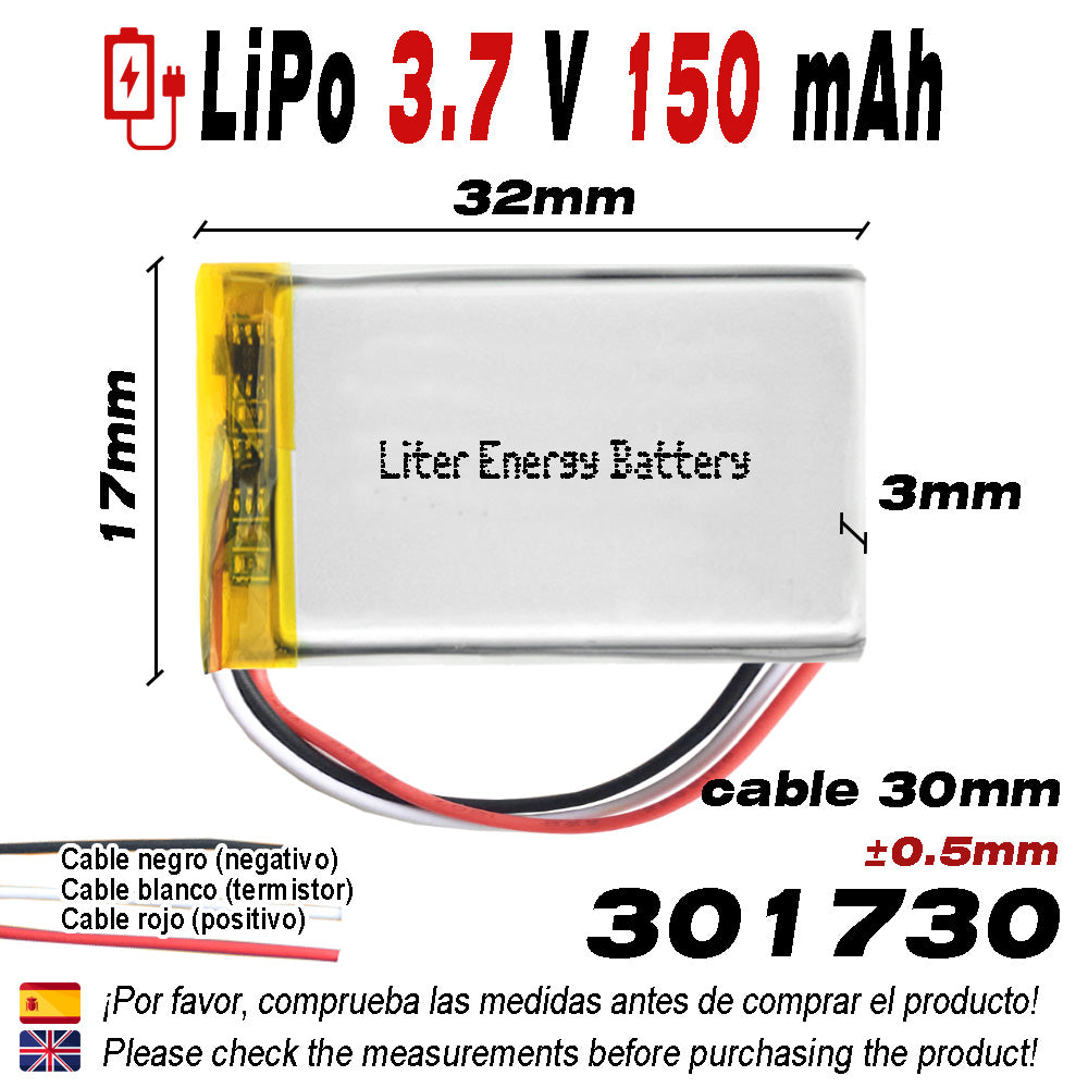 Batería 3 cables 301730 LiPo 3.7V 150mAh 0.555Wh 1S 5C Liter Energy Battery Recargable con PCM termistor NTC smartwatch reloj electrónica No apta para Radio Control 32x17x3mm (3P|150mAh|301730)