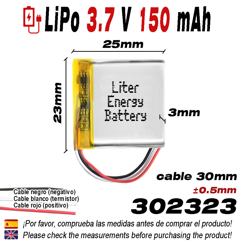 Batería 3 cables 302323 LiPo 3.7V 150mAh 0.555Wh 1S 5C Liter Energy Battery Recargable con PCM termistor NTC smartwatch reloj electrónica No apta para Radio Control 25x23x3mm (3P|150mAh|302323)