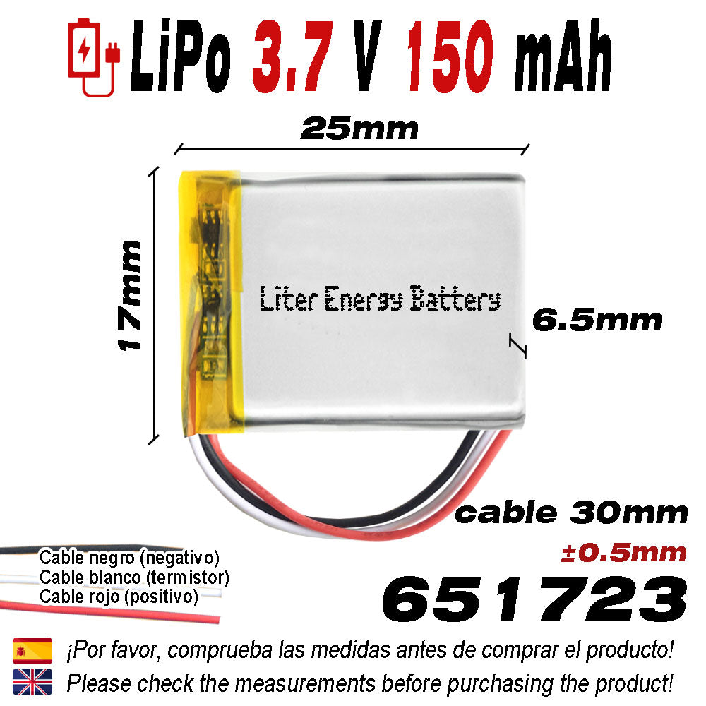 Batería 3 cables 651723 LiPo 3.7V 150mAh 0.555Wh 1S 5C Liter Energy Battery Recargable con PCM termistor NTC smartwatch reloj electrónica No apta para Radio Control 25x17x6.5mm (3P|150mAh|651723)