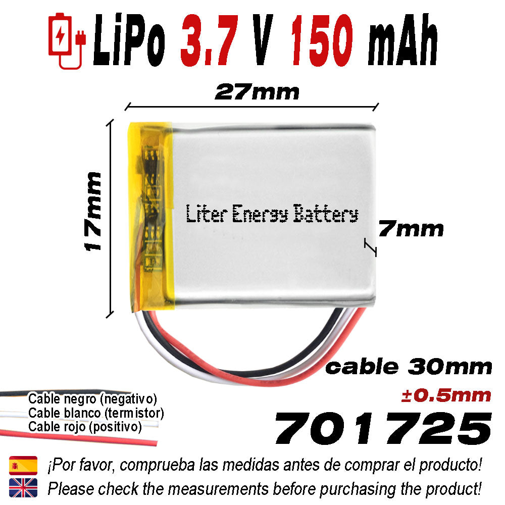 Batería 3 cables 701725 LiPo 3.7V 150mAh 0.555Wh 1S 5C Liter Energy Battery Recargable con PCM termistor NTC smartwatch reloj electrónica No apta para Radio Control 27x17x7mm (3P|150mAh|701725)