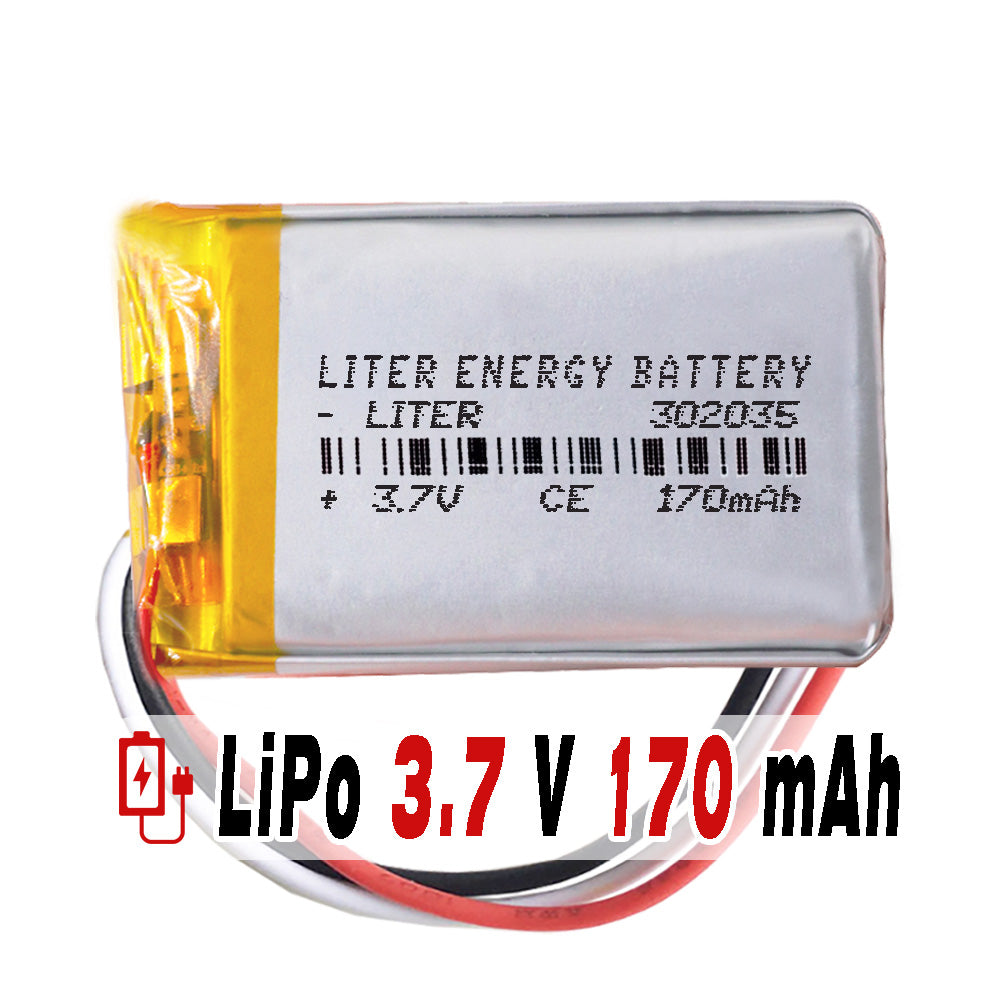 Batería 3 cables 302035 LiPo 3.7V 170mAh 0.629Wh 1S 5C Liter Energy Battery Recargable con PCM termistor NTC smartwatch reloj electrónica No apta para Radio Control 37x20x3mm (3P|170mAh|302035)