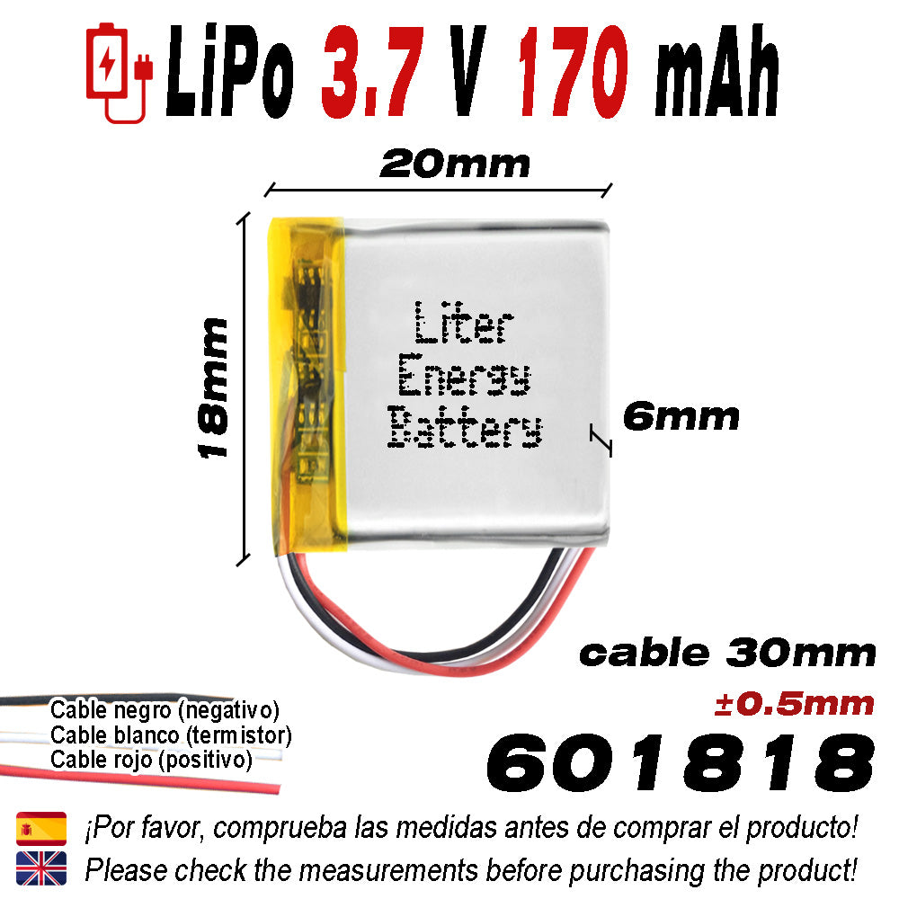 Batería 3 cables 601818 LiPo 3.7V 170mAh 0.629Wh 1S 5C Liter Energy Battery Recargable con PCM termistor NTC smartwatch reloj electrónica No apta para Radio Control 20x18x6mm (3P|170mAh|601818)