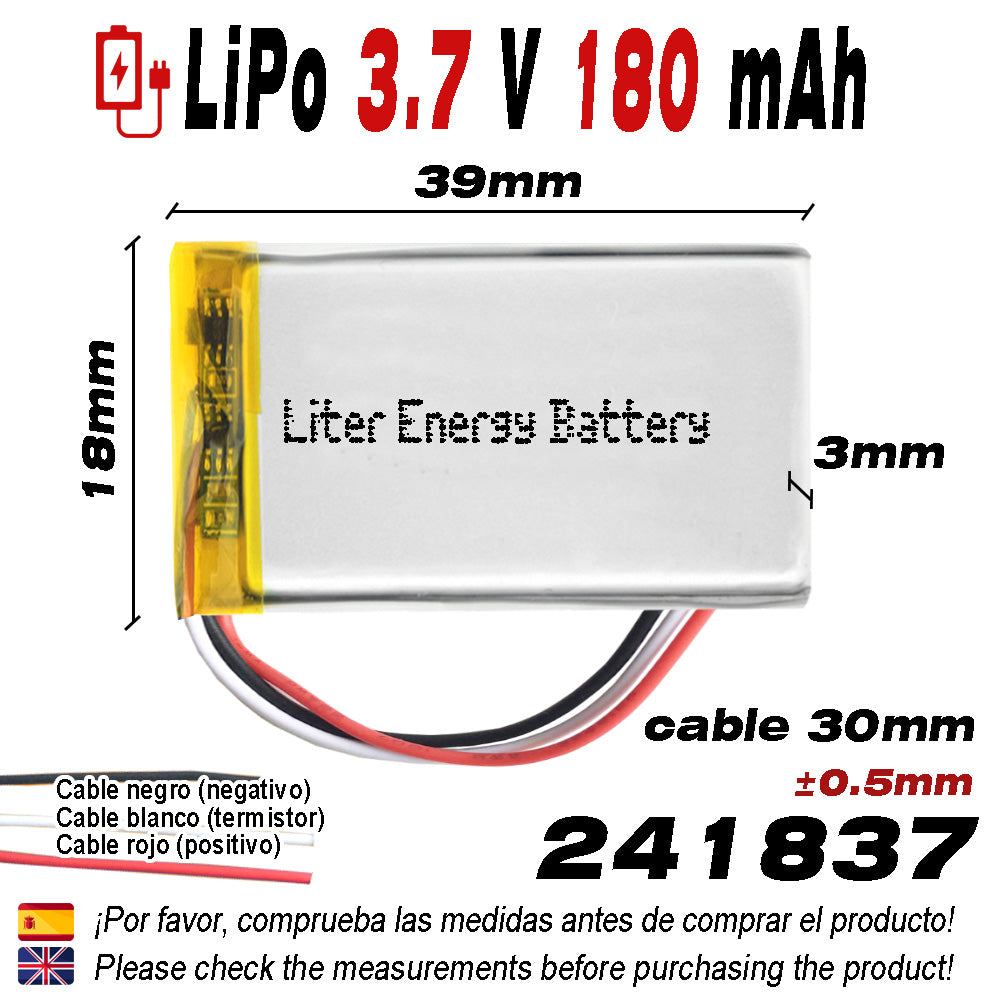 Batería 3 cables 241837 LiPo 3.7V 180mAh 0.666Wh 1S 5C Liter Energy Battery Recargable con PCM termistor NTC smartwatch reloj electrónica No apta para Radio Control 39x18x3mm (3P|180mAh|241837)