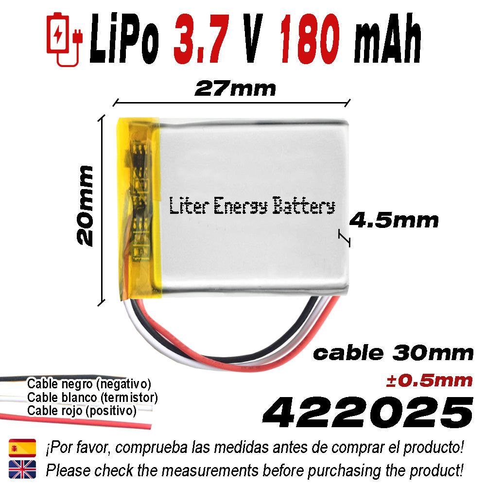 Batería 3 cables 422025 LiPo 3.7V 180mAh 0.666Wh 1S 5C Liter Energy Battery Recargable con PCM termistor NTC smartwatch reloj electrónica No apta para Radio Control 27x20x4.5mm (3P|180mAh|422025)