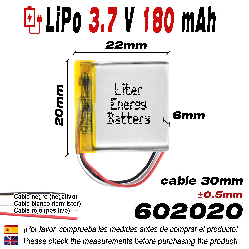 Batería 3 cables 602020 LiPo 3.7V 180mAh 0.666Wh 1S 5C Liter Energy Battery Recargable con PCM termistor NTC smartwatch reloj electrónica No apta para Radio Control 22x20x6mm (3P|180mAh|602020)