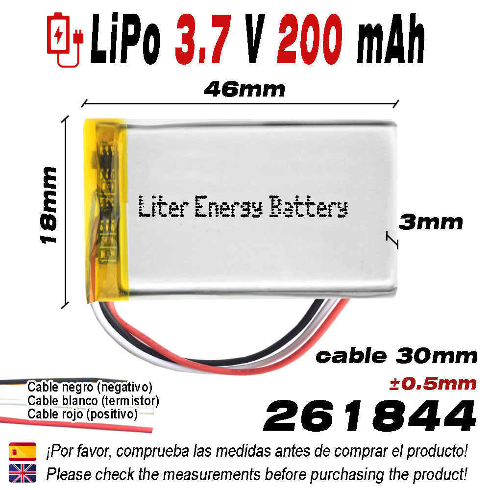 Batería 3 cables 261844 LiPo 3.7V 200mAh 0.74Wh 1S 5C Liter Energy Battery Recargable con PCM termistor NTC smartwatch reloj electrónica No apta para Radio Control 46x18x3mm (3P|200mAh|261844)