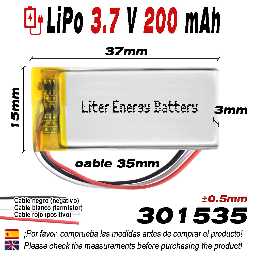 Batería 3 cables 301535 LiPo 3.7V 200mAh 0.74Wh 1S 5C Liter Energy Battery Recargable con PCM termistor NTC smartwatch reloj electrónica No apta para Radio Control 37x15x3mm (3P|200mAh|301535)