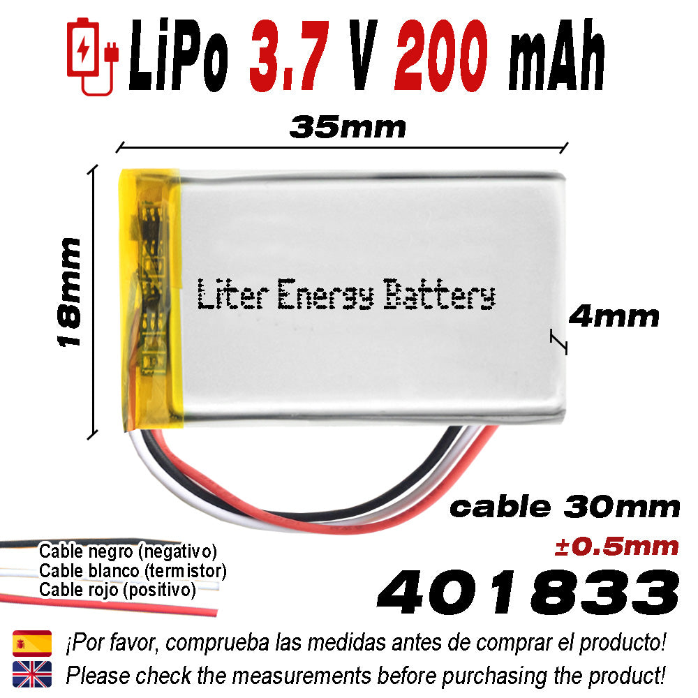 Batería 3 cables 401833 LiPo 3.7V 200mAh 0.74Wh 1S 5C Liter Energy Battery Recargable con PCM termistor NTC smartwatch reloj electrónica No apta para Radio Control 35x18x4mm (3P|200mAh|401833)
