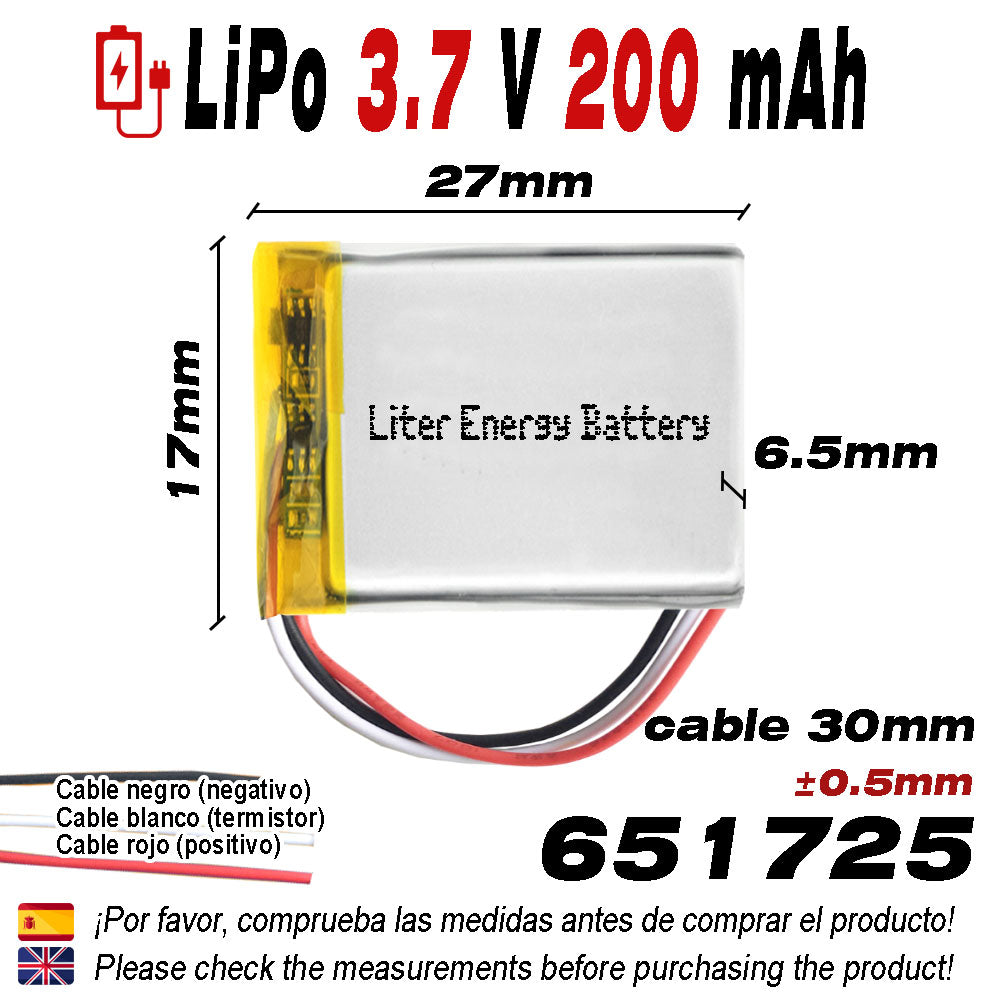 Batería 3 cables 651725 LiPo 3.7V 200mAh 0.74Wh 1S 5C Liter Energy Battery Recargable con PCM termistor NTC smartwatch reloj electrónica No apta para Radio Control 27x17x6.5mm (3P|200mAh|651725)