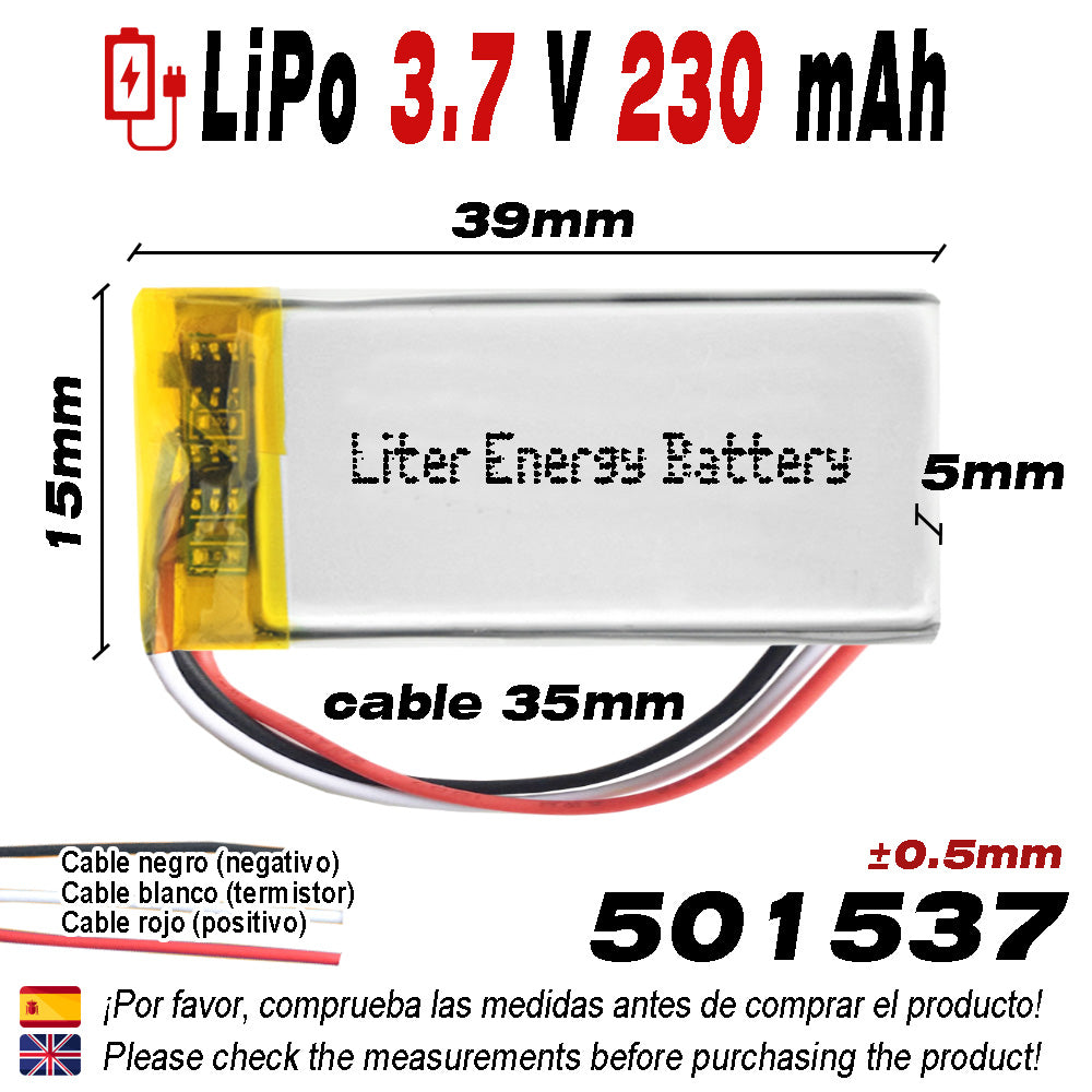 Batería 3 cables 501537 LiPo 3.7V 230mAh 0.851Wh 1S 5C Liter Energy Battery Recargable con PCM termistor NTC smartwatch reloj electrónica No apta para Radio Control 39x15x5mm (3P|230mAh|501537)