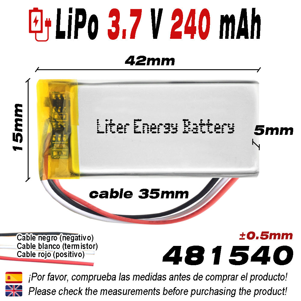 Batería 3 cables 481540 LiPo 3.7V 240mAh 0.888Wh 1S 5C Liter Energy Battery Recargable con PCM termistor NTC smartwatch reloj electrónica No apta para Radio Control 42x15x5mm (3P|240mAh|481540)
