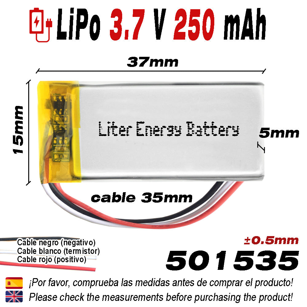 Batería 3 cables 501535 LiPo 3.7V 250mAh 0.925Wh 1S 5C Liter Energy Battery Recargable con PCM termistor NTC smartwatch reloj electrónica No apta para Radio Control 37x15x5mm (3P|250mAh|501535)