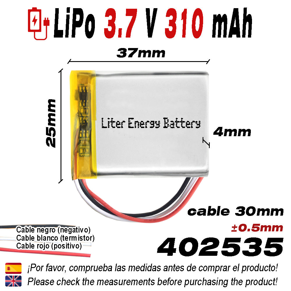 Batería 3 cables 402535 LiPo 3.7V 310mAh 1.147Wh 1S 5C Liter Energy Battery Recargable con PCM termistor NTC smartwatch reloj electrónica No apta para Radio Control 37x25x4mm (3P|310mAh|402535)