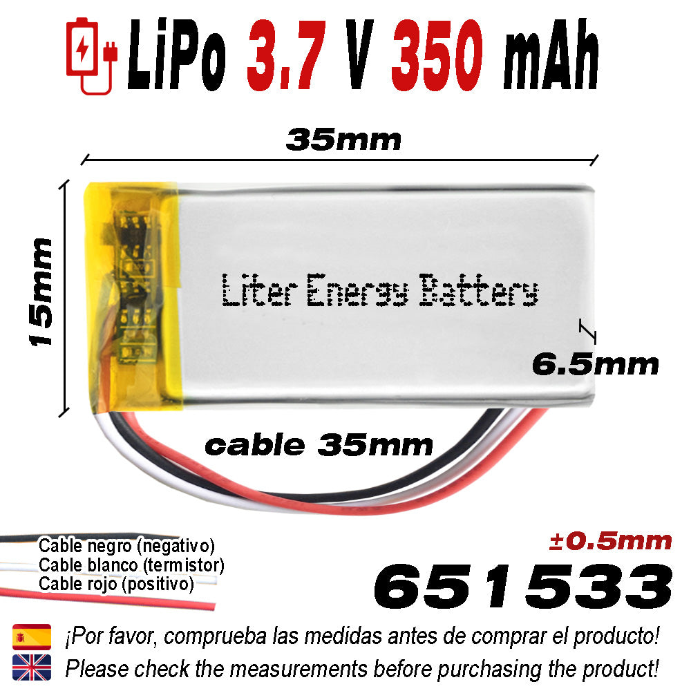 Batería 3 cables 651533 LiPo 3.7V 350mAh 1.295Wh 1S 5C Liter Energy Battery Recargable con PCM termistor NTC smartwatch reloj electrónica No apta para Radio Control 35x15x6.5mm (3P|350mAh|651533)
