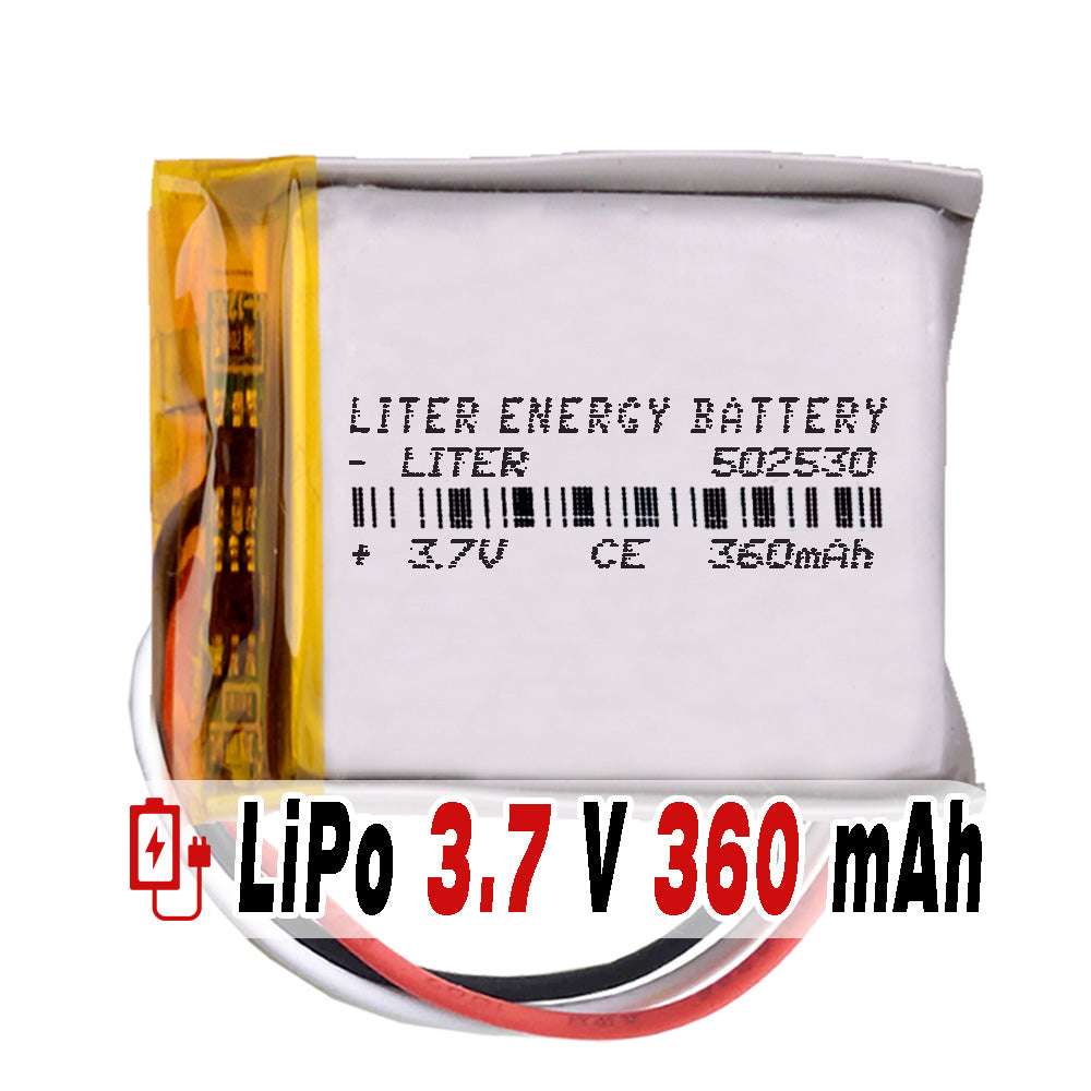 Batería 3 cables 502530 LiPo 3.7V 360mAh 1.332Wh 1S 5C Liter Energy Battery Recargable con PCM termistor NTC smartwatch reloj electrónica No apta para Radio Control 32x25x5mm (3P|360mAh|502530)