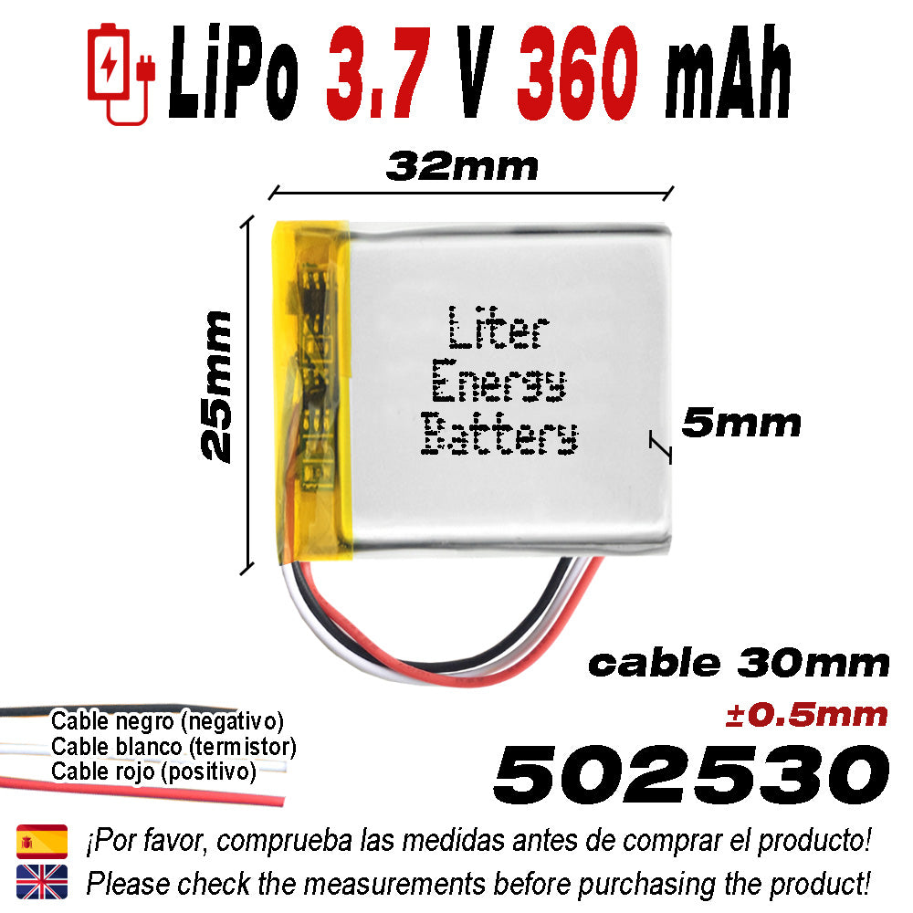 Batería 3 cables 502530 LiPo 3.7V 360mAh 1.332Wh 1S 5C Liter Energy Battery Recargable con PCM termistor NTC smartwatch reloj electrónica No apta para Radio Control 32x25x5mm (3P|360mAh|502530)