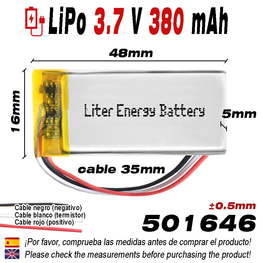 Batería 3 cables 501646 LiPo 3.7V 380mAh 1.406Wh 1S 5C Liter Energy Battery Recargable con PCM termistor NTC smartwatch reloj electrónica No apta para Radio Control 48x16x5mm (3P|380mAh|501646)