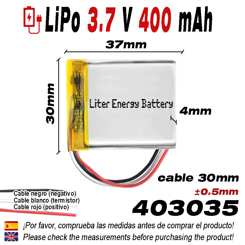 Batería 3 cables 403035 LiPo 3.7V 400mAh 1.48Wh 1S 5C Liter Energy Battery Recargable con PCM termistor NTC smartwatch reloj electrónica No apta para Radio Control 37x30x4mm (3P|400mAh|403035)