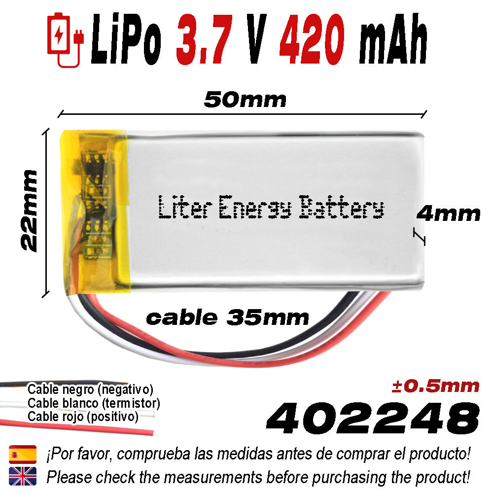 Batería 3 cables 402248 LiPo 3.7V 420mAh 1.554Wh 1S 5C Liter Energy Battery Recargable con PCM termistor NTC smartwatch reloj electrónica No apta para Radio Control 50x22x4mm (3P|420mAh|402248)