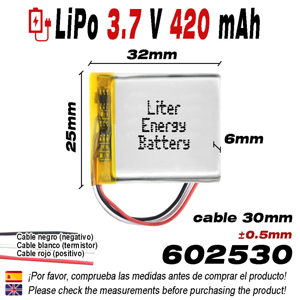 Batería 3 cables 602530 LiPo 3.7V 420mAh 1.554Wh 1S 5C Liter Energy Battery Recargable con PCM termistor NTC smartwatch reloj electrónica No apta para Radio Control 32x25x6mm (3P|420mAh|602530)