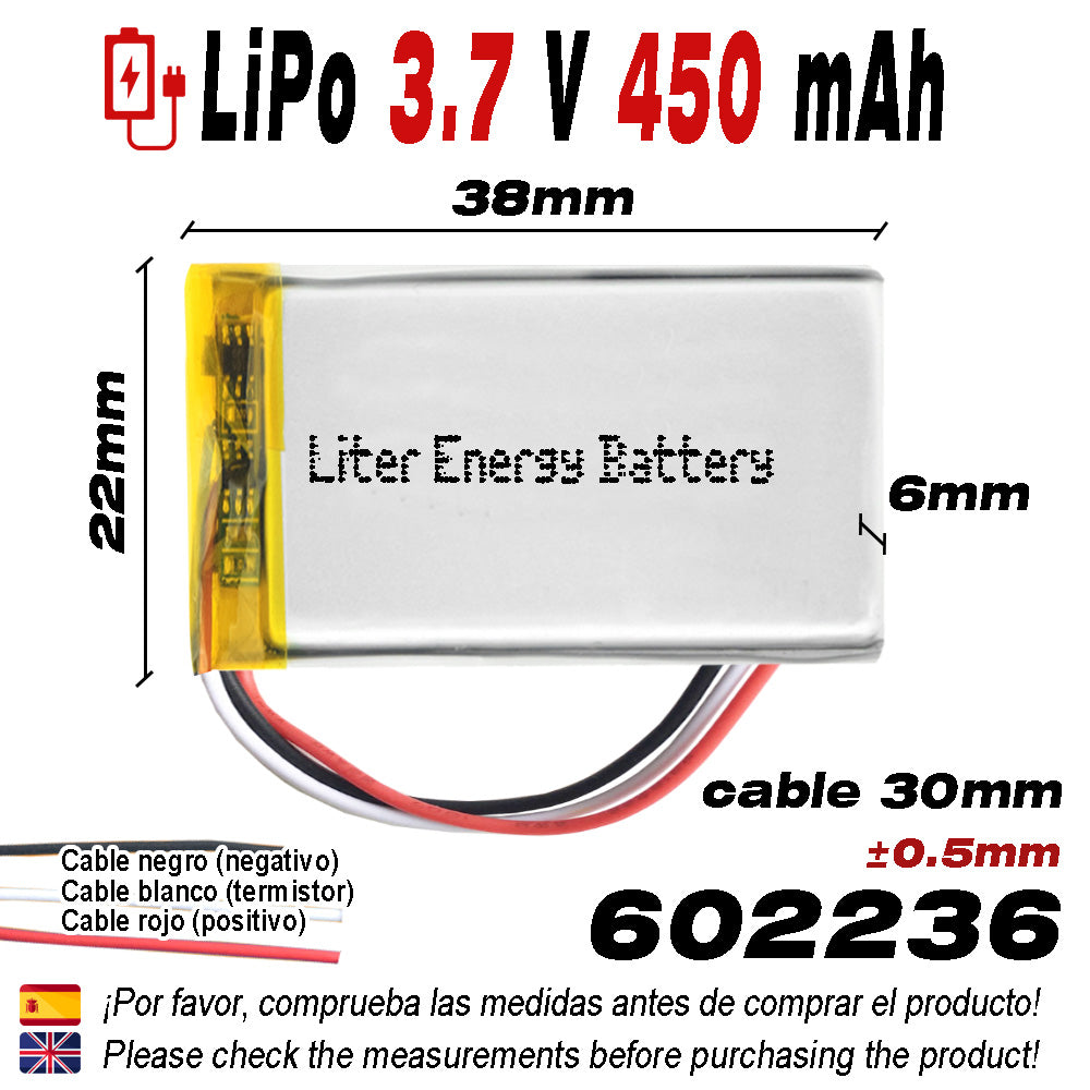 Batería 3 cables 602236 LiPo 3.7V 450mAh 1.665Wh 1S 5C Liter Energy Battery Recargable con PCM termistor NTC smartwatch reloj electrónica No apta para Radio Control 38x22x6mm (3P|450mAh|602236)