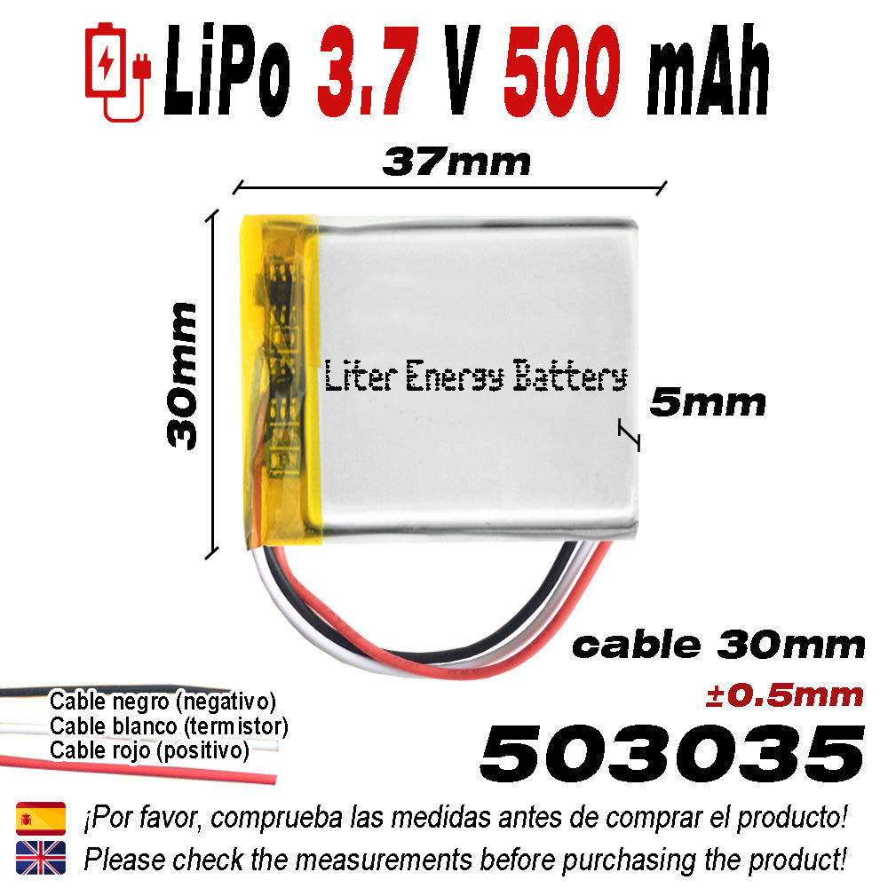 Batería 3 cables 503035 LiPo 3.7V 500mAh 1.85Wh 1S 5C Liter Energy Battery Recargable con PCM termistor NTC smartwatch reloj electrónica No apta para Radio Control 37x30x5mm (3P|500mAh|503035)