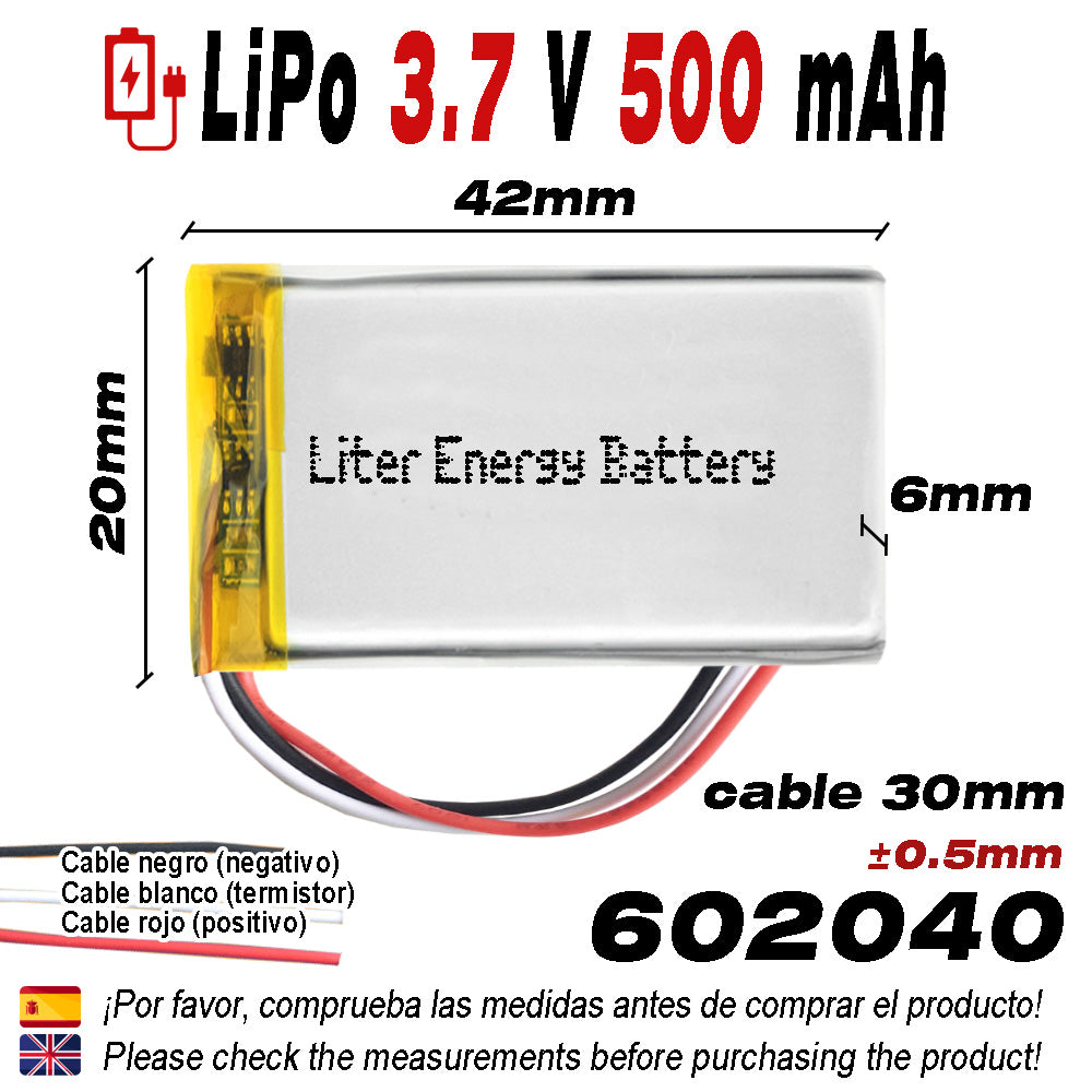 Batería 3 cables 602040 LiPo 3.7V 500mAh 1.85Wh 1S 5C Liter Energy Battery Recargable con PCM termistor NTC smartwatch reloj electrónica No apta para Radio Control 42x20x6mm (3P|500mAh|602040)