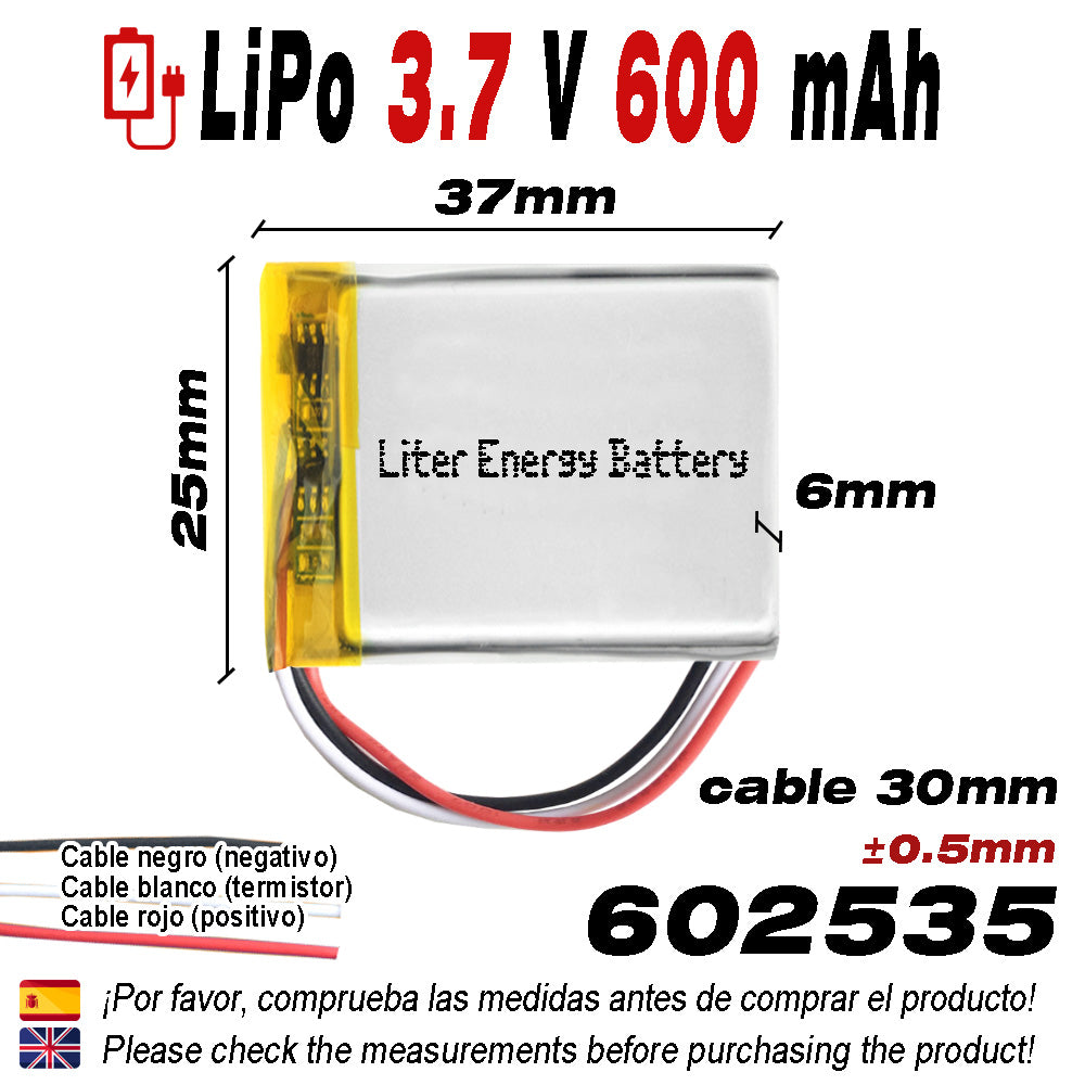 Batería 3 cables 602535 LiPo 3.7V 600mAh 2.22Wh 1S 5C Liter Energy Battery Recargable con PCM termistor NTC smartwatch reloj electrónica No apta para Radio Control 37x25x6mm (3P|600mAh|602535)