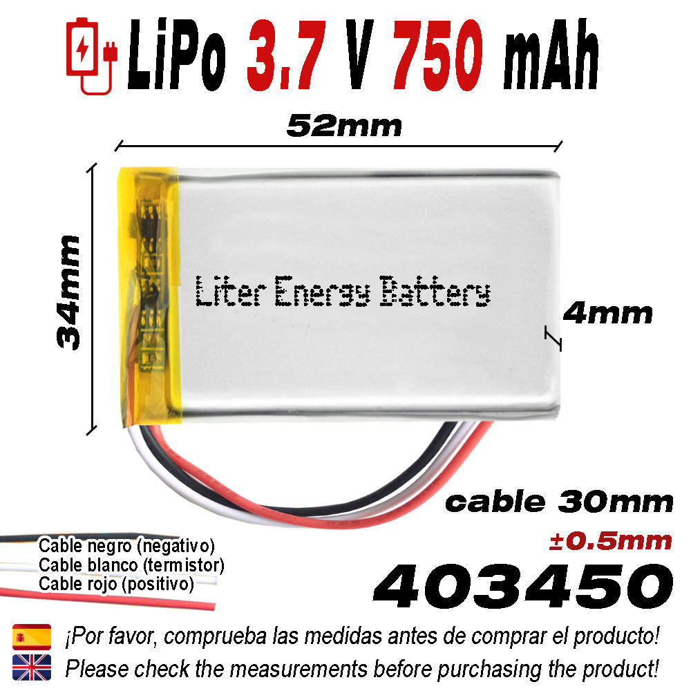 Batería 3 cables 403450 LiPo 3.7V 750mAh 2.775Wh 1S 5C Liter Energy Battery Recargable con PCM termistor NTC smartwatch reloj electrónica No apta para Radio Control 52x34x4mm (3P|750mAh|403450)