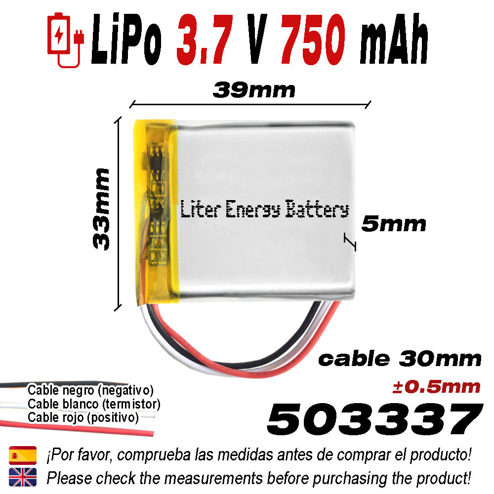 Batería 3 cables 503337 LiPo 3.7V 750mAh 2.775Wh 1S 5C Liter Energy Battery Recargable con PCM termistor NTC smartwatch reloj electrónica No apta para Radio Control 39x33x5mm (3P|750mAh|503337)