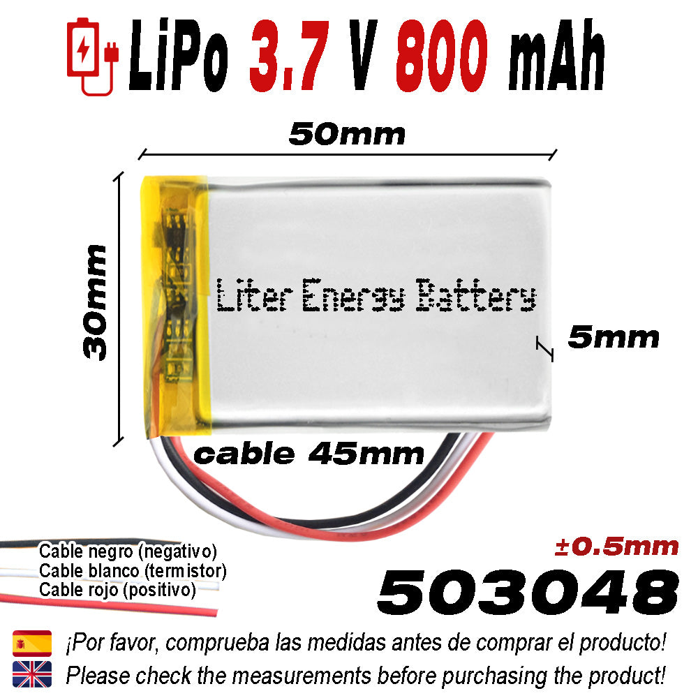 Batería 3 cables 503048 LiPo 3.7V 800mAh 2.96Wh 1S 5C Liter Energy Battery Recargable con PCM termistor NTC smartwatch reloj electrónica No apta para Radio Control 50x30x5mm (3P|800mAh|503048)